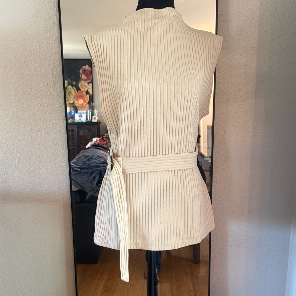 Zara Cream Ribbed Sleeveless Knit Top with Self Tie